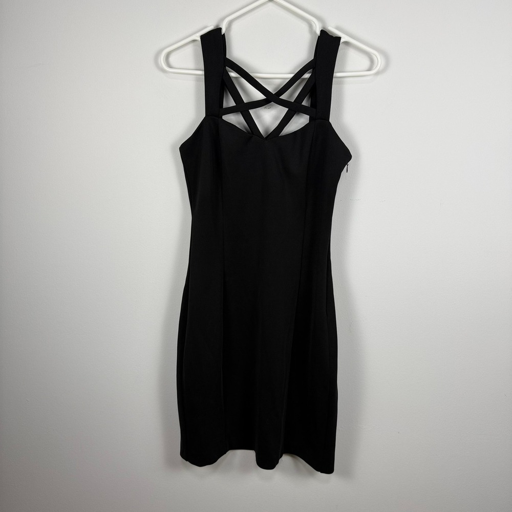 GUESS Los Angeles Black Bodycon Dress Cage‎ Strappy Neck Mini Sheath LBD